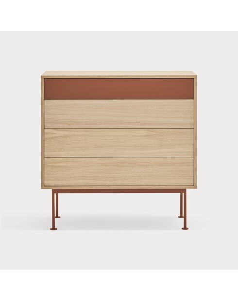 Commode Yoko 4 tiroirs chêne et rouge brique - 90x86x45cm