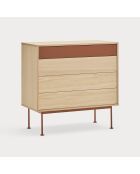Commode Yoko 4 tiroirs chêne et rouge brique - 90x86x45cm