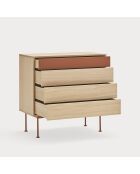 Commode Yoko 4 tiroirs chêne et rouge brique - 90x86x45cm