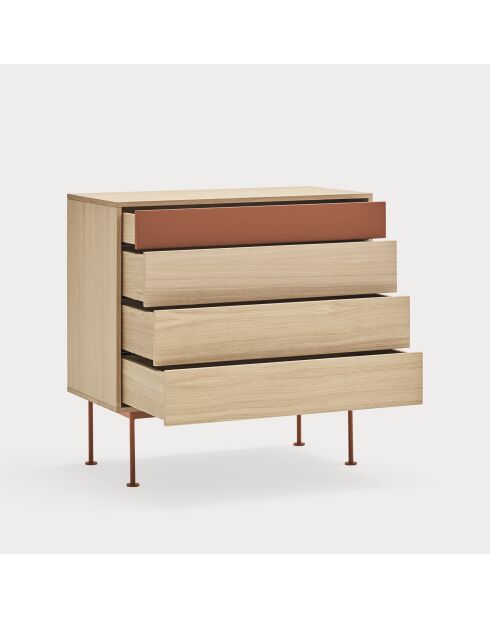 Commode Yoko 4 tiroirs chêne et rouge brique - 90x86x45cm