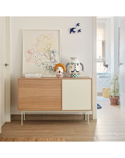 Buffet Yoko 1 porte et 3 tiroirs chêne et crème - 128x80x45cm