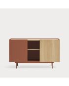 Buffet Otto 2 portes et 3 tiroirs rouge brique et chêne - 130x45x78cm