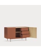 Buffet Otto 2 portes et 3 tiroirs rouge brique et chêne - 130x45x78cm