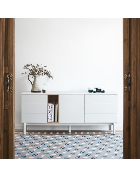 Buffet Corvo 1 porte, 6 tiroirs et 1 niche crème - 180x40x76cm