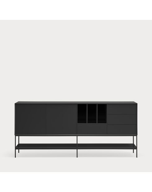 Buffet Platt 2 portes, 4 tiroirs et 3 niches noir - 220x45x98cm