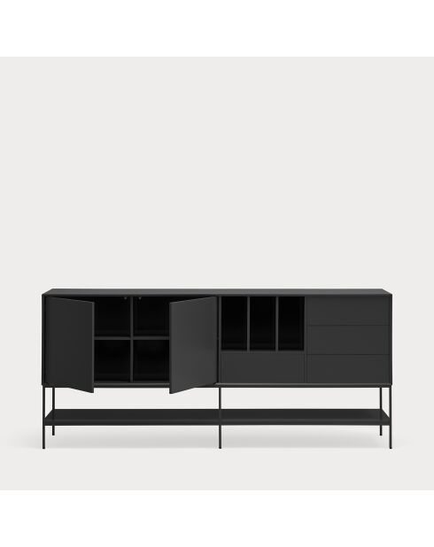 Buffet Platt 2 portes, 4 tiroirs et 3 niches noir - 220x45x98cm