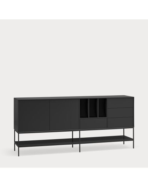 Buffet Platt 2 portes, 4 tiroirs et 3 niches noir - 220x45x98cm
