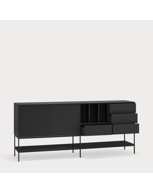 Buffet Platt 2 portes, 4 tiroirs et 3 niches noir - 220x45x98cm