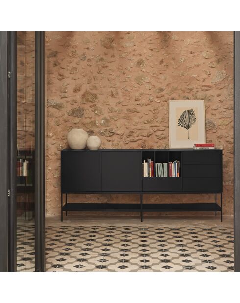 Buffet Platt 2 portes, 4 tiroirs et 3 niches noir - 220x45x98cm
