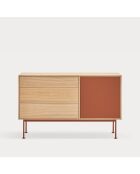 Buffet Yoko 1 porte et 3 tiroirs chêne et rouge brique - 128x80x45cm