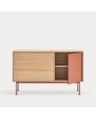 Buffet Yoko 1 porte et 3 tiroirs chêne et rouge brique - 128x80x45cm