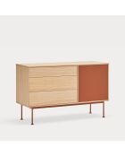 Buffet Yoko 1 porte et 3 tiroirs chêne et rouge brique - 128x80x45cm