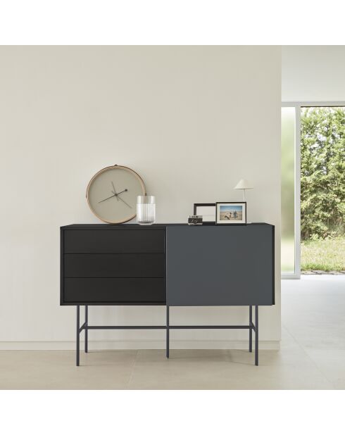 Nube dressoir met 3 laden en 1 schuifdeur zwart en antracietgrijs - 140x45x91cm