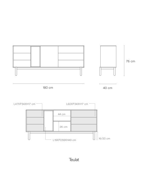 Credenza Corvo 1 anta, 6 cassetti e 1 nicchia grigio antracite - 180x40x76cm