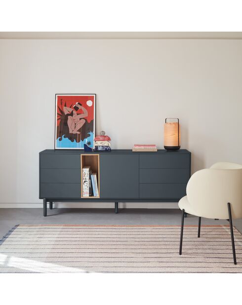 Credenza Corvo 1 anta, 6 cassetti e 1 nicchia grigio antracite - 180x40x76cm