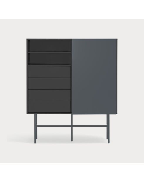 Nube Hochschrank mit 2 Nischen, 4 Schubladen und einer schwarzen und anthrazitgrauen Schiebetür — 120x45x140cm