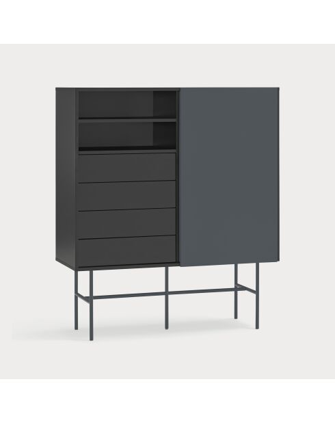 Nube Hochschrank mit 2 Nischen, 4 Schubladen und einer schwarzen und anthrazitgrauen Schiebetür — 120x45x140cm