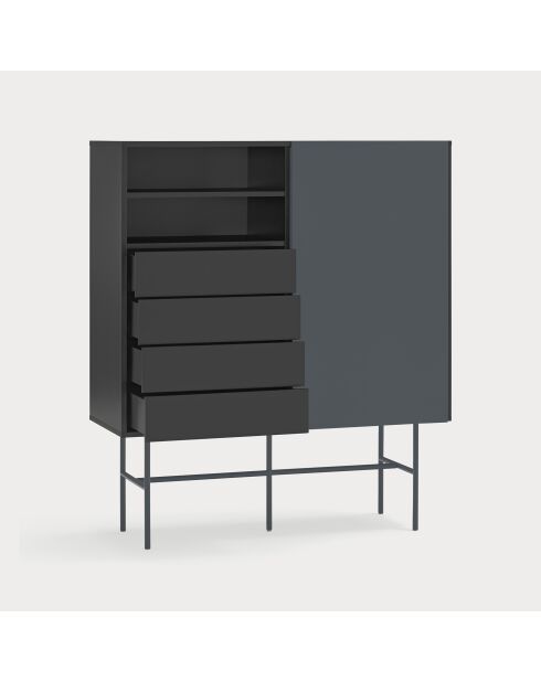 Nube Hochschrank mit 2 Nischen, 4 Schubladen und einer schwarzen und anthrazitgrauen Schiebetür — 120x45x140cm
