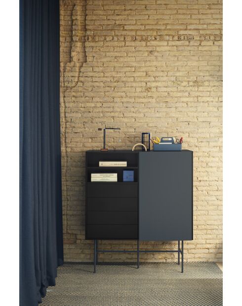 Nube Hochschrank mit 2 Nischen, 4 Schubladen und einer schwarzen und anthrazitgrauen Schiebetür — 120x45x140cm