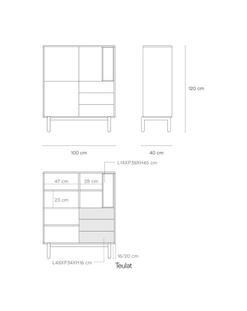 Mobile laterale Corvo 3 ante, 3 cassetti e 1 nicchia in grigio antracite - 100x40x120cm