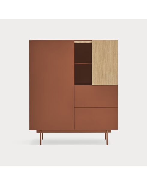 Meuble d'appoint Otto 2 portes et 2 tiroirs rouge brique et chêne - 100x40x45cm