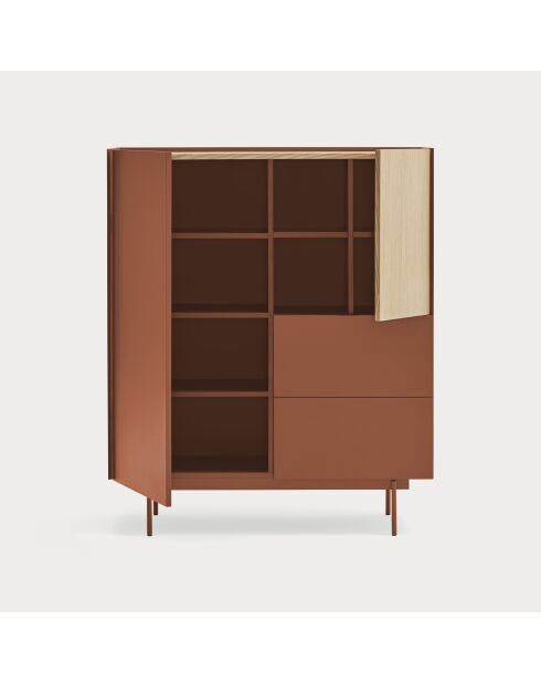 Meuble d'appoint Otto 2 portes et 2 tiroirs rouge brique et chêne - 100x40x45cm