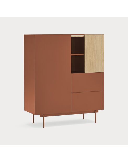 Meuble d'appoint Otto 2 portes et 2 tiroirs rouge brique et chêne - 100x40x45cm
