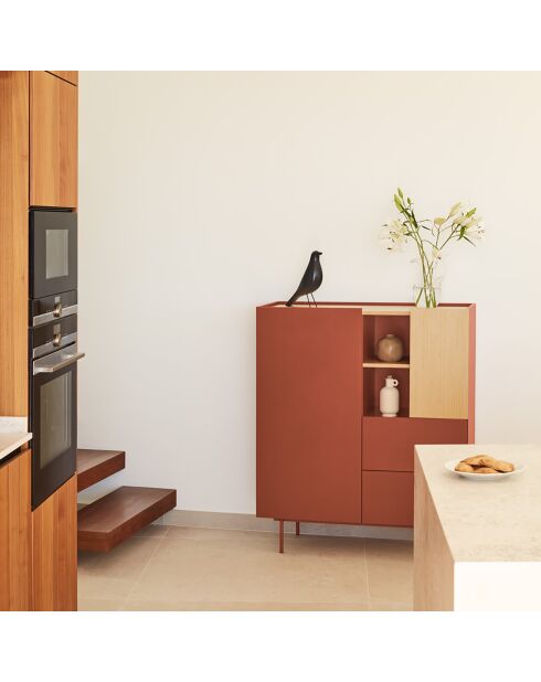 Meuble d'appoint Otto 2 portes et 2 tiroirs rouge brique et chêne - 100x40x45cm