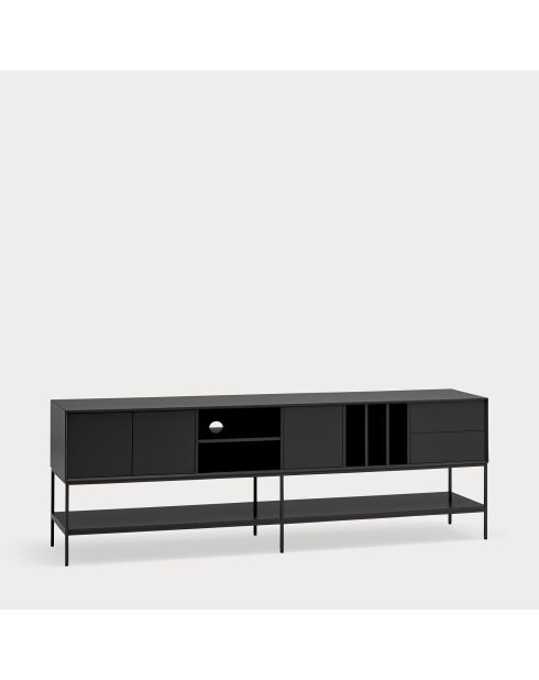 Meuble TV Platt 3 portes, 2 tiroirs et 5 niches noir - 220x45x74cm