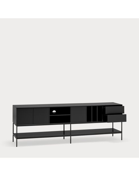 Meuble TV Platt 3 portes, 2 tiroirs et 5 niches noir - 220x45x74cm