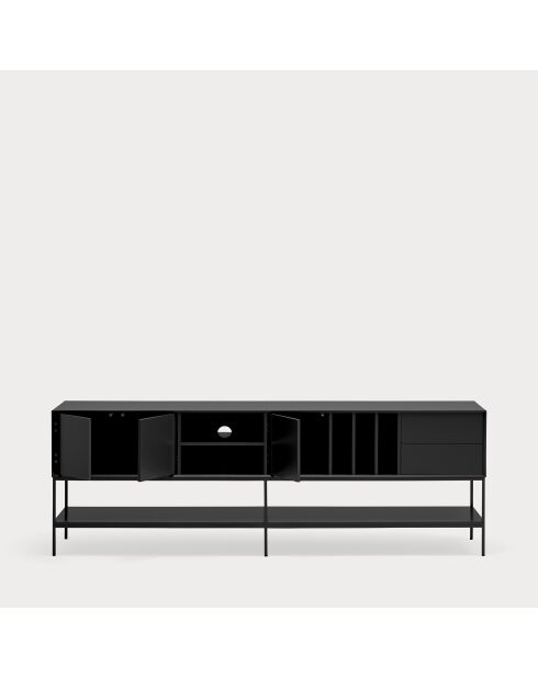 Meuble TV Platt 3 portes, 2 tiroirs et 5 niches noir - 220x45x74cm