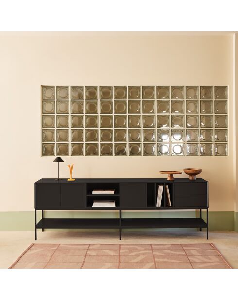 Meuble TV Platt 3 portes, 2 tiroirs et 5 niches noir - 220x45x74cm