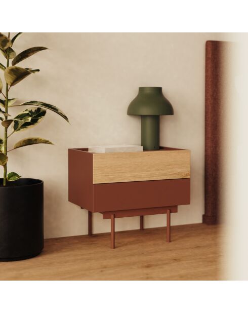 Otto Nachttisch 2 Schubladen ziegelrot und Eiche - 52x35x46cm