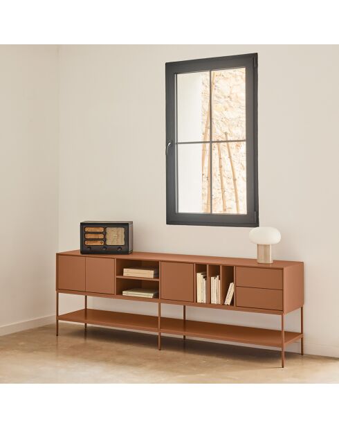 Platt TV-Ständer mit 3 Türen, 2 Schubladen und 5 Lehmnischen — 220x45x74cm