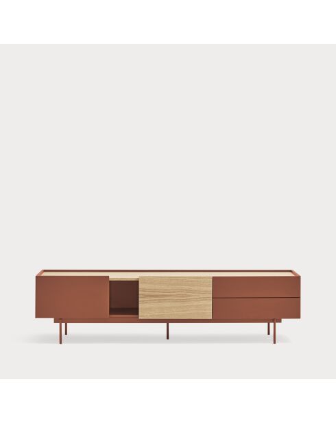 Otto TV-Ständer mit 2 Türen und 2 Schubladen aus rotem Backstein und Eiche, 180 x 40 x 45 cm