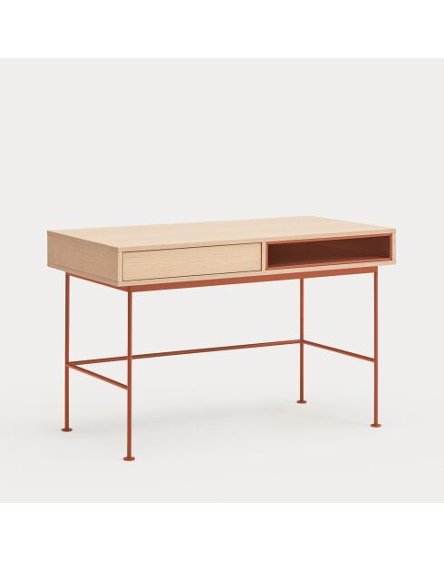 Yoko Schreibtisch 1 Schublade und 1 Nische Eiche und Ziegelrot - 120x60x78cm