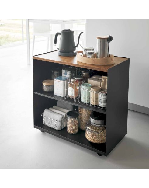 Carrito de almacenamiento semicerrado negro Tower con bandeja de madera - 60,3x35,3x59 cm