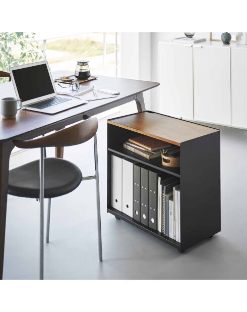 Carrito de almacenamiento semicerrado negro Tower con bandeja de madera - 60,3x35,3x59 cm