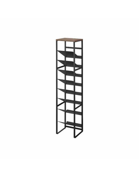 Toren zwarte flessenhouder met 8 niveaus en houten bakje - 20x19,3x88,5 cm