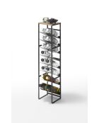 Toren zwarte flessenhouder met 8 niveaus en houten bakje - 20x19,3x88,5 cm