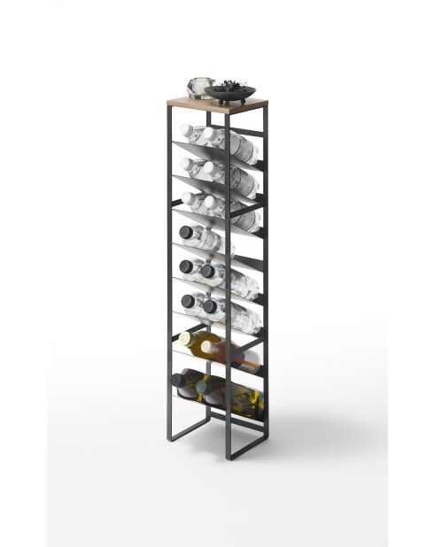 Toren zwarte flessenhouder met 8 niveaus en houten bakje - 20x19,3x88,5 cm