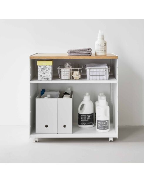 Carrito de almacenamiento semicerrado blanco Tower con bandeja de madera - 60,3x35,3x59 cm