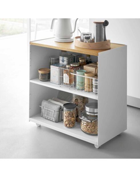 Carrito de almacenamiento semicerrado blanco Tower con bandeja de madera - 60,3x35,3x59 cm