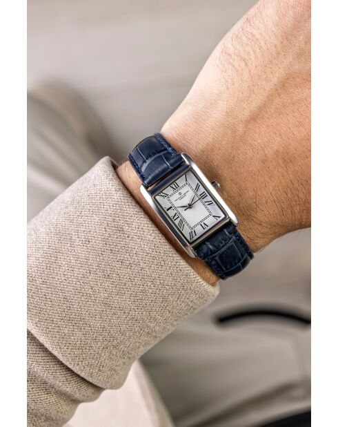 Montre homme analogique Quartz Ronda en cuir croco bleu foncé