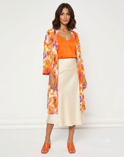 Kimono en mezcla de lino carmín con estampado naranja