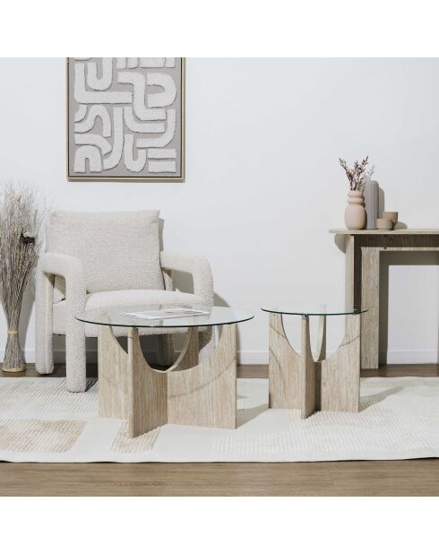 Table d’appoint ronde en verre Pietra blanches et beige - 45x42,5x45 cm
