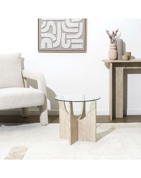 Table d’appoint ronde en verre Pietra blanches et beige - 45x42,5x45 cm