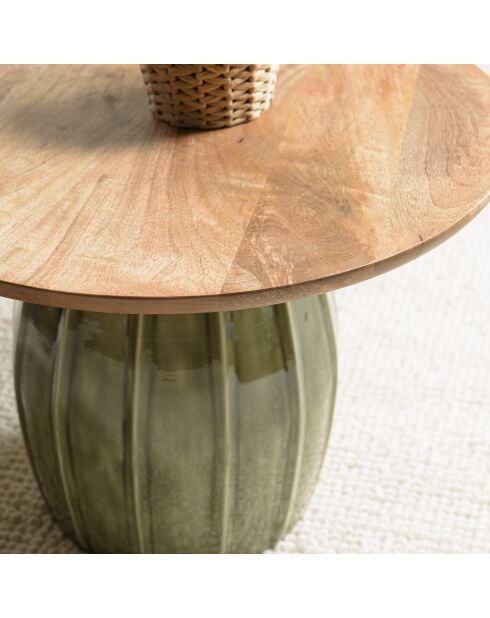 Salontafel met mangohouten blad en groene geëmailleerde James voet - 61x61x43cm