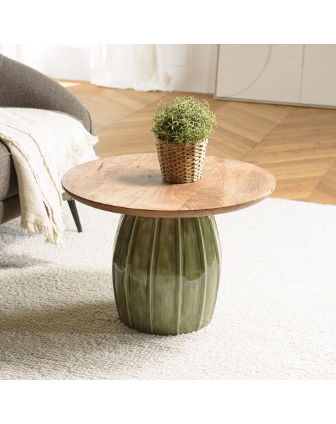 Salontafel met mangohouten blad en groene geëmailleerde James voet - 61x61x43cm