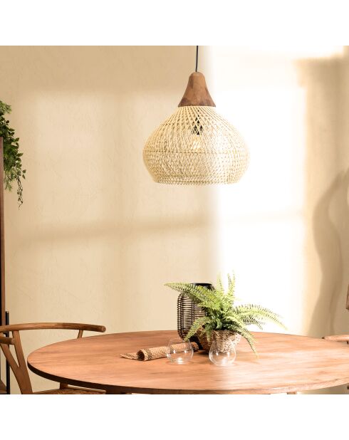 Suspension cloche rotin Sixtine naturelle et teck - 40x40x40cm